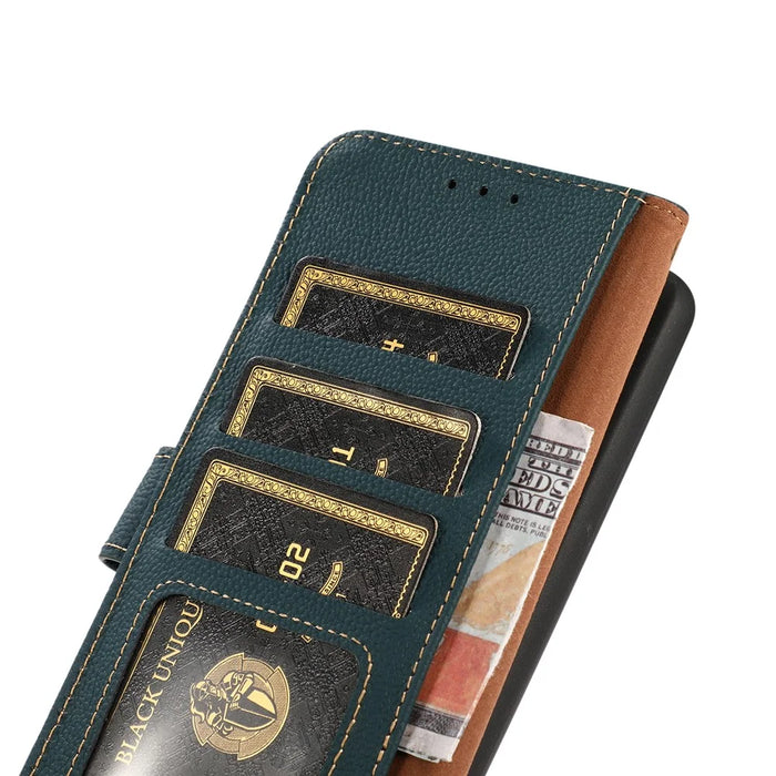 KHAZNEH For Samsung Galaxy A35 5G Magnetic Phone Case RFID Blocking Genuine Cow Leather Card Holder Cover - Green - 6