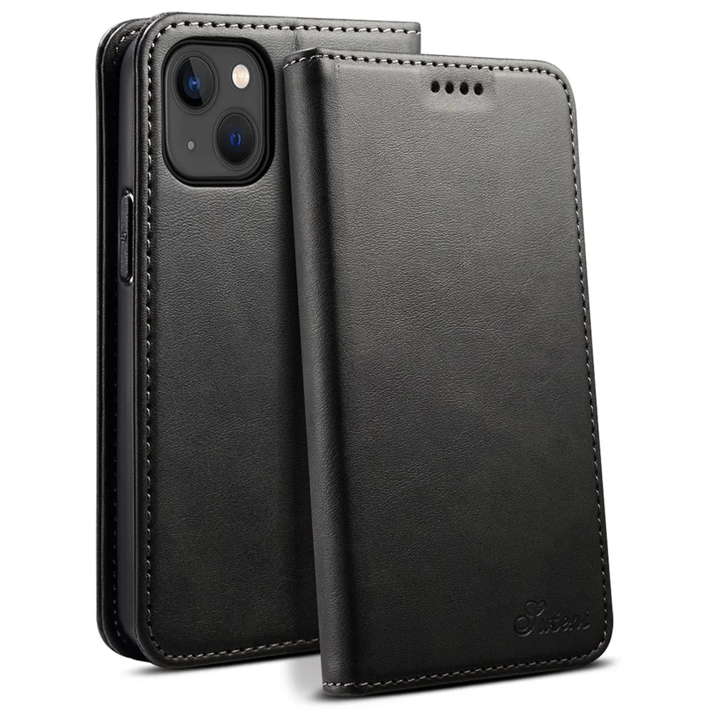 SUTENI for iPhone 15 Calf Texture Leather Case Wallet Magnetic Closure - Black - 1