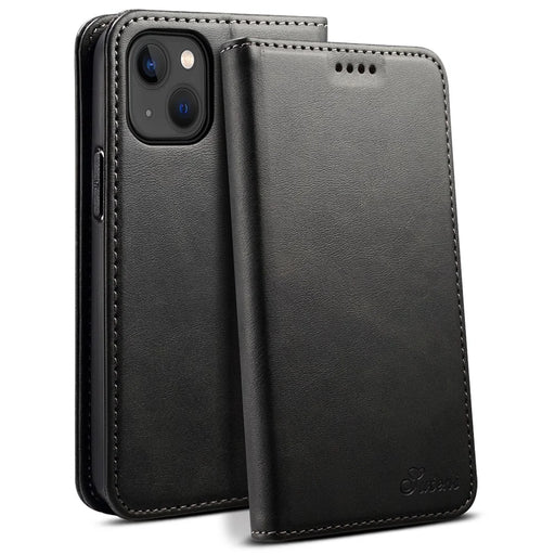 SUTENI for iPhone 15 Calf Texture Leather Case Wallet Magnetic Closure - Black - 1