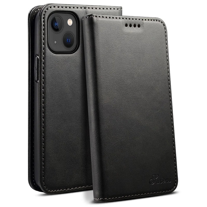 SUTENI for iPhone 15 Calf Texture Leather Case Wallet Magnetic Closure - Black - 1