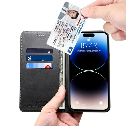 SUTENI for iPhone 15 Calf Texture Leather Case Wallet Magnetic Closure - Black - 2