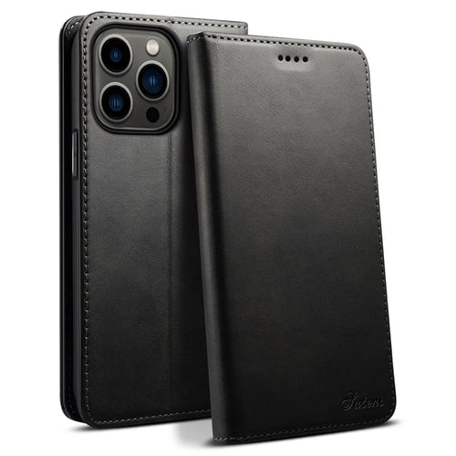 SUTENI for iPhone 15 Pro Max Simple Leather Case Wallet Phone Cover - Black - 1