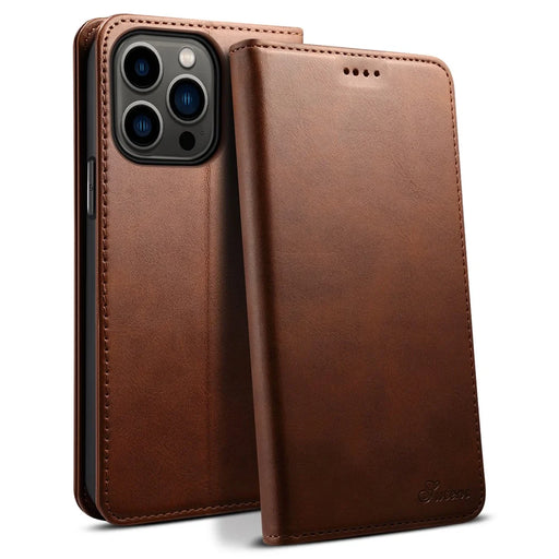 SUTENI for iPhone 15 Pro Leather Phone Case Calf Texture Wallet Stand - Brown - 1