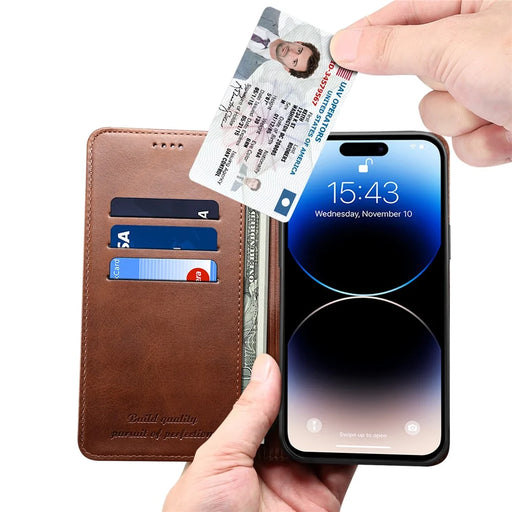 SUTENI for iPhone 15 Pro Leather Phone Case Calf Texture Wallet Stand - Brown - 2
