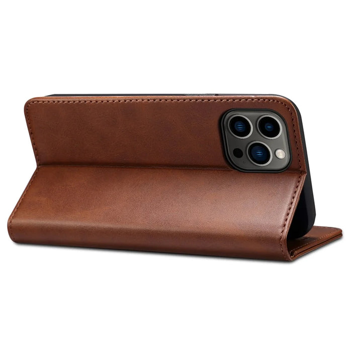 SUTENI for iPhone 15 Pro Leather Phone Case Calf Texture Wallet Stand - Brown - 3