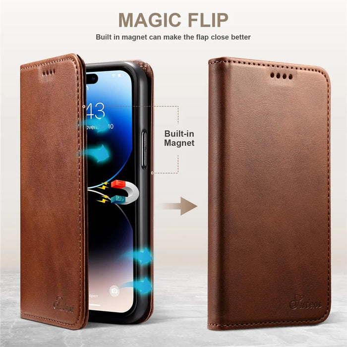 SUTENI for iPhone 15 Pro Leather Phone Case Calf Texture Wallet Stand - Brown - 6