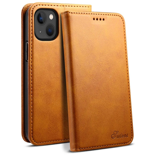 SUTENI for iPhone 15 Plus Wallet Case Calf Texture PU Leather Phone Stand - Khaki - 1