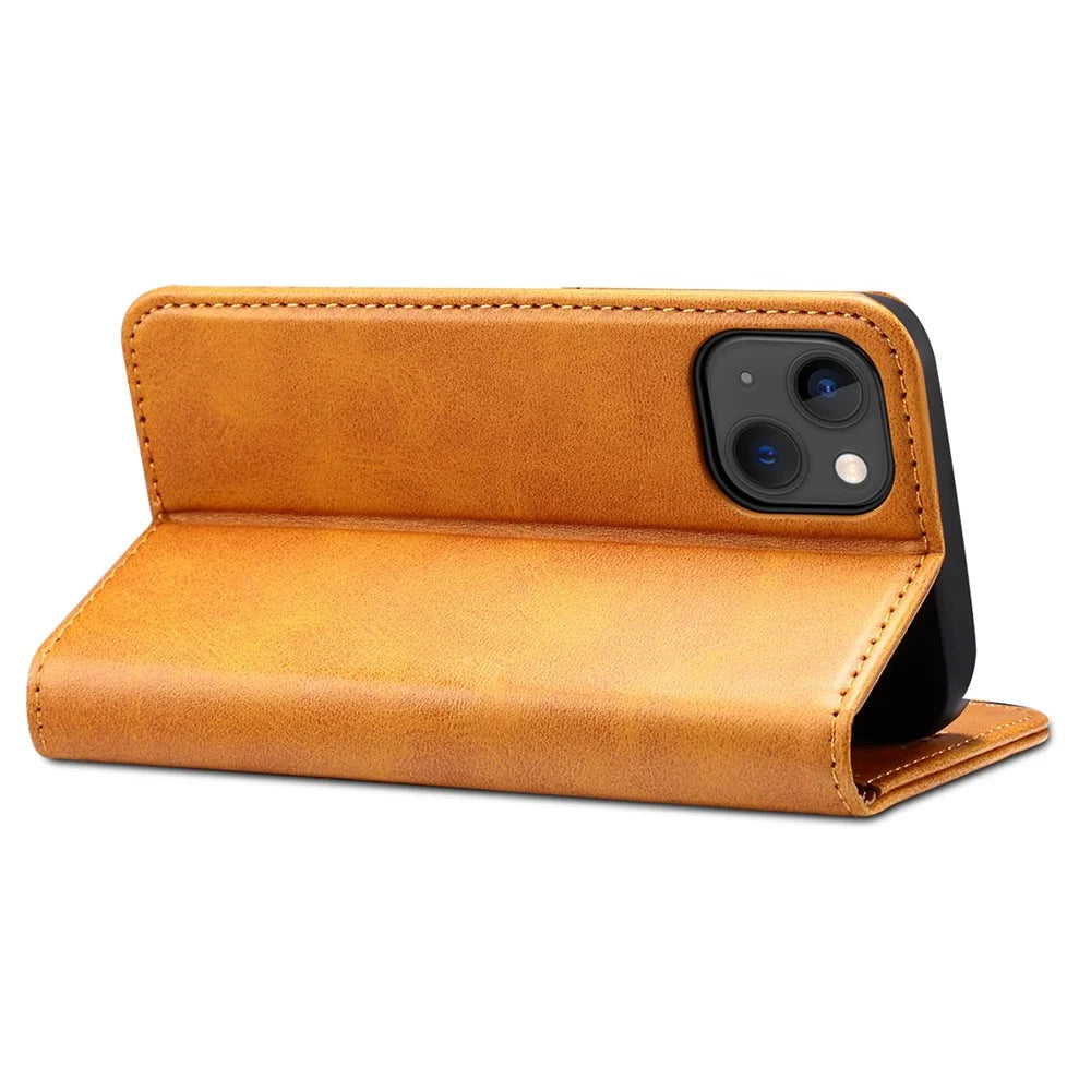 SUTENI for iPhone 15 Plus Wallet Case Calf Texture PU Leather Phone Stand - Khaki - 3