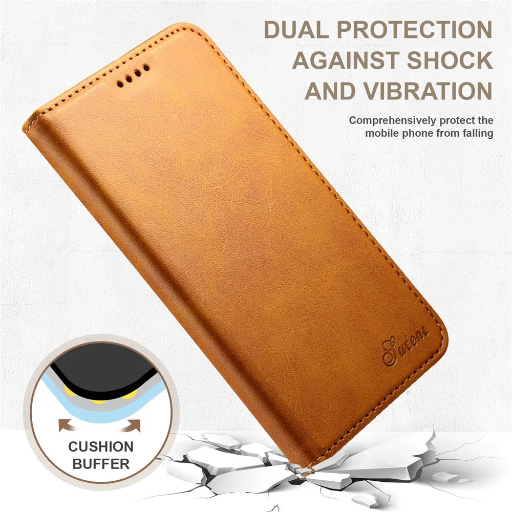 SUTENI for iPhone 15 Plus Wallet Case Calf Texture PU Leather Phone Stand - Khaki - 4