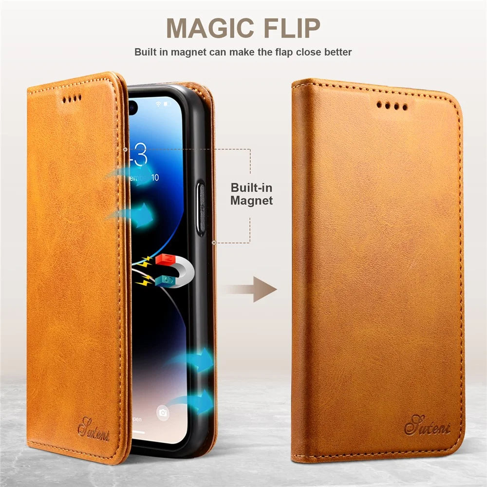SUTENI for iPhone 15 Plus Wallet Case Calf Texture PU Leather Phone Stand - Khaki - 6