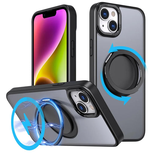 For iPhone 14 Magnetic Case Compatible with MagSafe Ring Kickstand - Black - 1