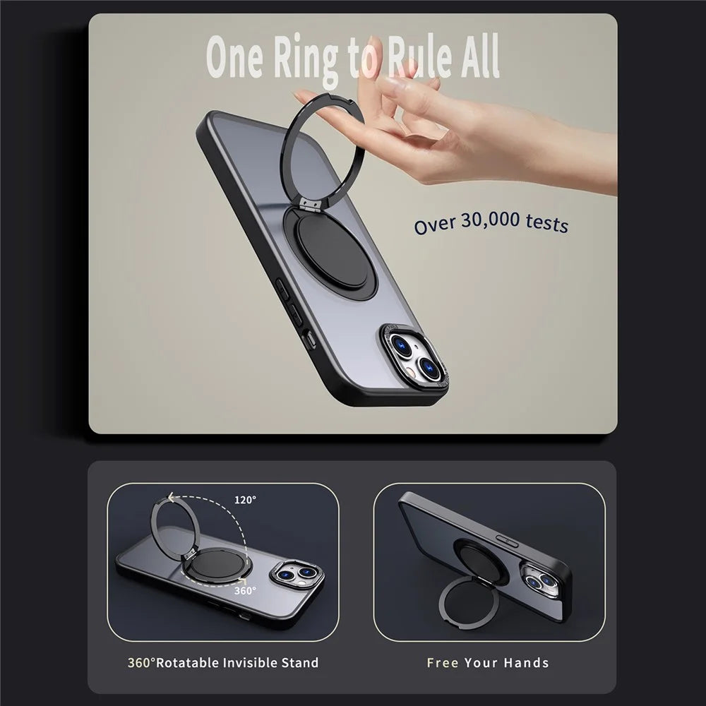 For iPhone 14 Magnetic Case Compatible with MagSafe Ring Kickstand - Black - 4