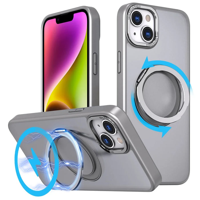 For iPhone 14 Plus Magnetic Phone Case Hidden Gear Rotary Ring Kickstand - Titanium Grey - 1