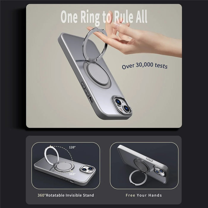 For iPhone 14 Plus Magnetic Phone Case Hidden Gear Rotary Ring Kickstand - Titanium Grey - 4