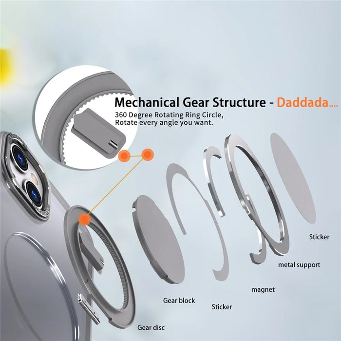 For iPhone 14 Plus Magnetic Phone Case Hidden Gear Rotary Ring Kickstand - Titanium Grey - 6