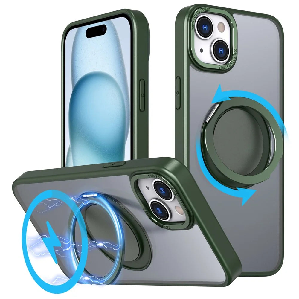 For iPhone 15 Invisible Gear Phone Case Kickstand Magnetic Cover - Green - 1