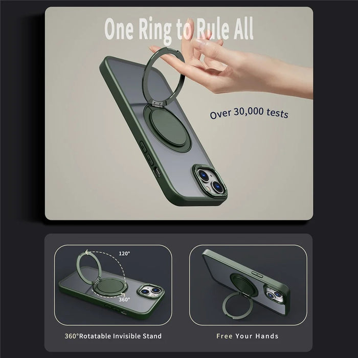 For iPhone 15 Invisible Gear Phone Case Kickstand Magnetic Cover - Green - 4