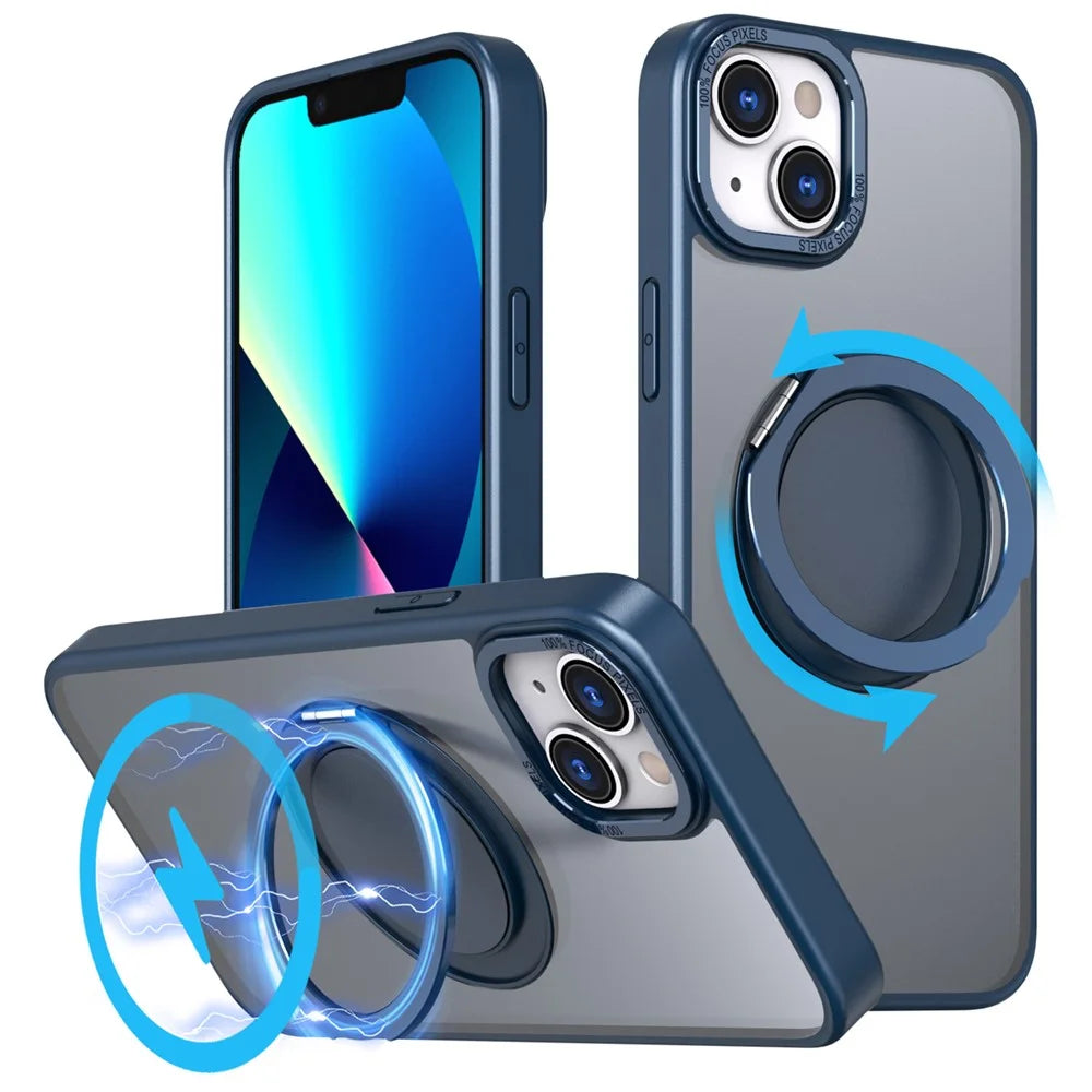 For iPhone 13 Kickstand Phone Case Hidden Gear Magnetic Cover - Navy Blue - 1