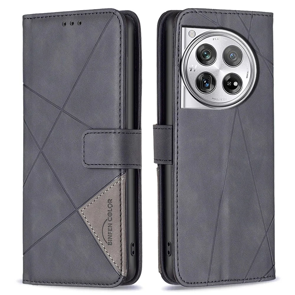 BINFEN COLOR For OnePlus 12 5G Phone Cases Wallet Stand Geometry Imprint Leather Cover - Black - 1