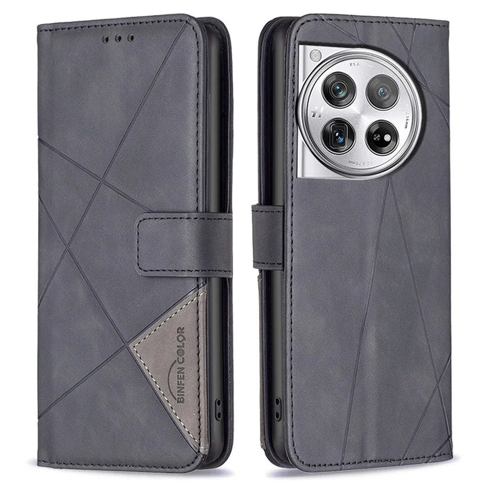 BINFEN COLOR For OnePlus 12 5G Phone Cases Wallet Stand Geometry Imprint Leather Cover - Black - 1