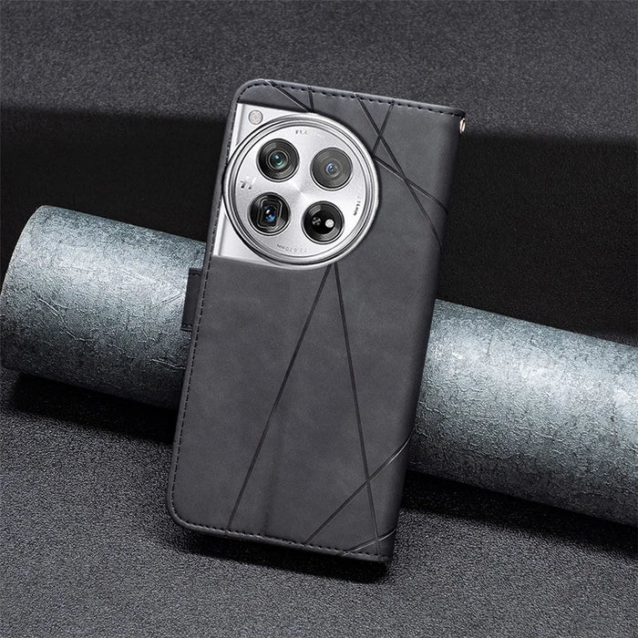 BINFEN COLOR For OnePlus 12 5G Phone Cases Wallet Stand Geometry Imprint Leather Cover - Black - 7