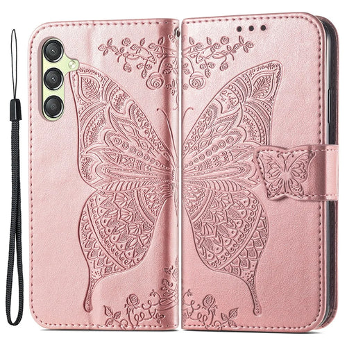 For Samsung Galaxy A25 5G (Global) (161.0 x 76.5 x 8.3mm) PU Leather Wallet Phone Case Flower Butterfly Pattern - Rose Gold - 1