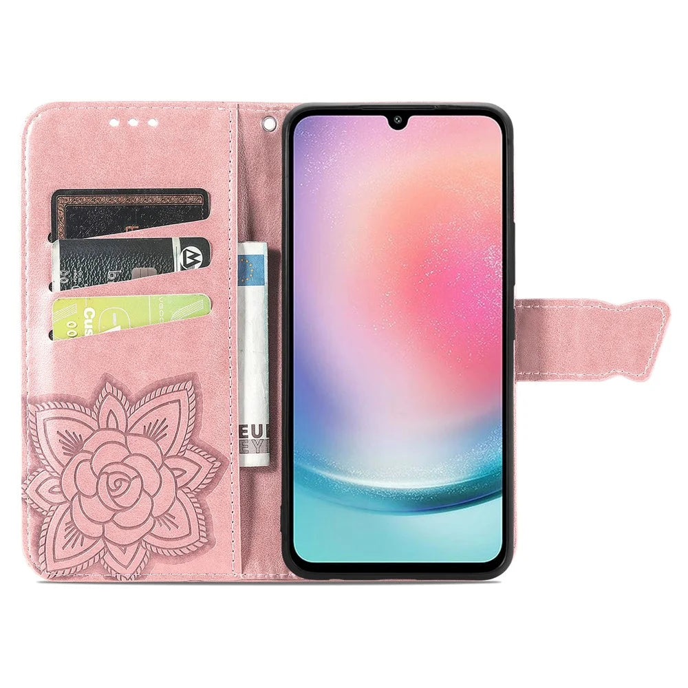 For Samsung Galaxy A25 5G (Global) (161.0 x 76.5 x 8.3mm) PU Leather Wallet Phone Case Flower Butterfly Pattern - Rose Gold - 2