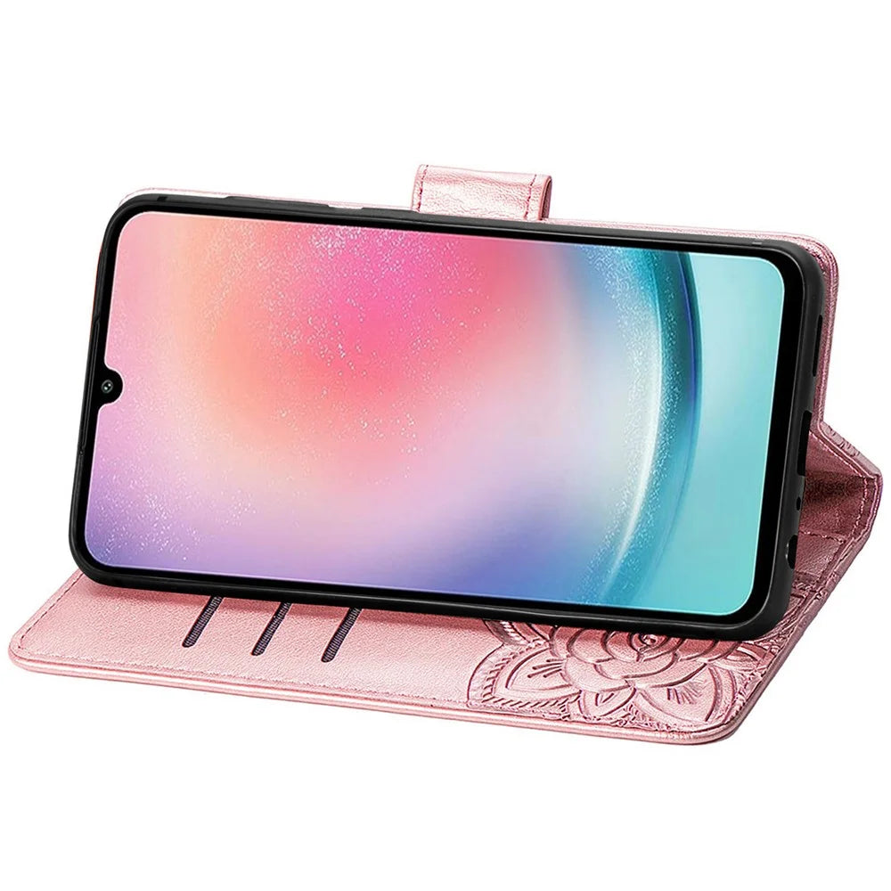 For Samsung Galaxy A25 5G (Global) (161.0 x 76.5 x 8.3mm) PU Leather Wallet Phone Case Flower Butterfly Pattern - Rose Gold - 3