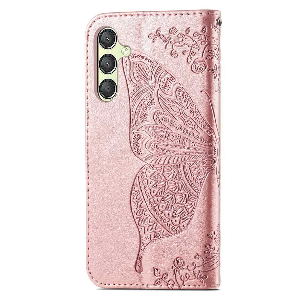 For Samsung Galaxy A25 5G (Global) (161.0 x 76.5 x 8.3mm) PU Leather Wallet Phone Case Flower Butterfly Pattern - Rose Gold - 4
