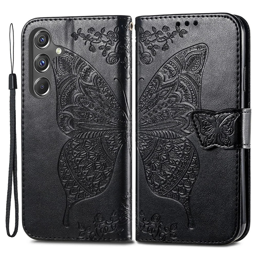 For Samsung Galaxy A15 5G Wallet Case PU Leather Wrist Strap Card Slots Cover - Black - 1