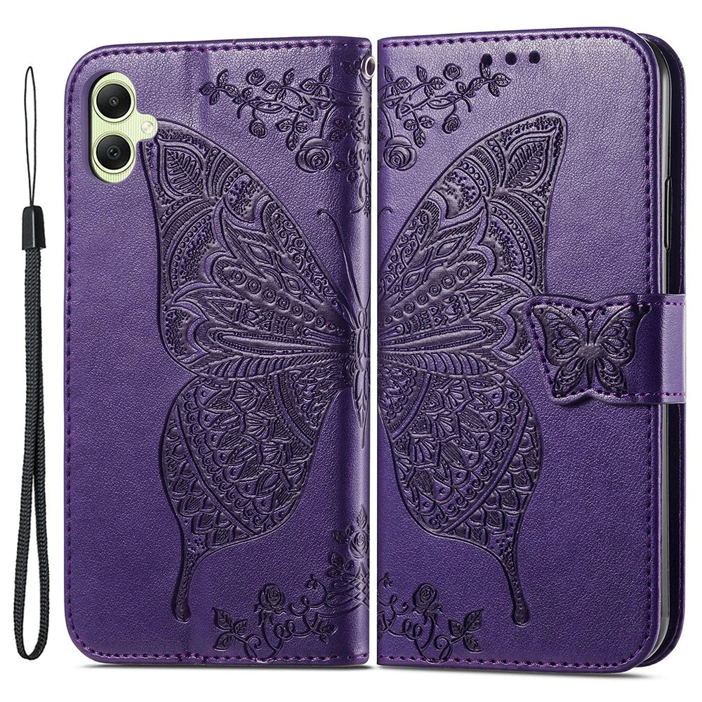 For Samsung Galaxy A05 4G Leather Case Butterfly Pattern Phone Cover Wallet Stand - Dark Purple - 1