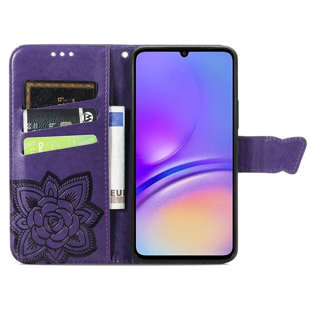 For Samsung Galaxy A05 4G Leather Case Butterfly Pattern Phone Cover Wallet Stand - Dark Purple - 2