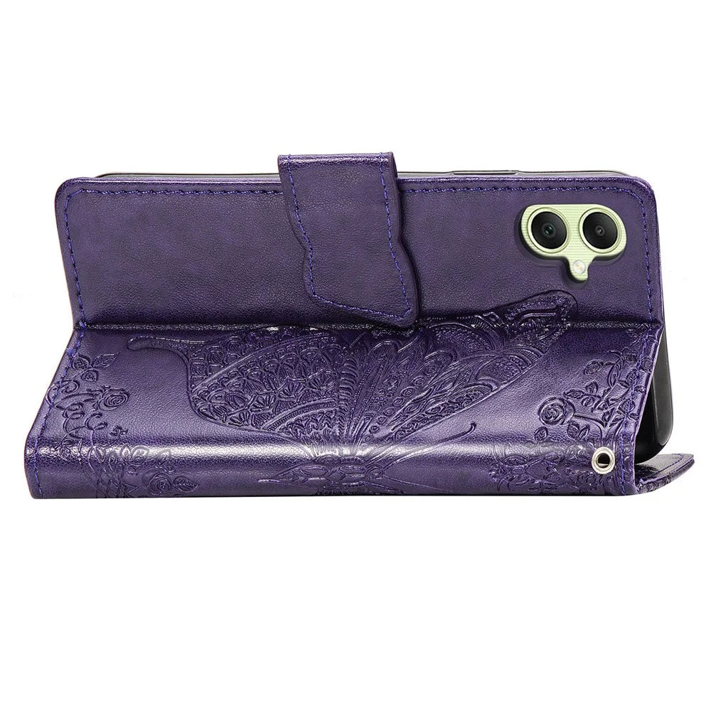 For Samsung Galaxy A05 4G Leather Case Butterfly Pattern Phone Cover Wallet Stand - Dark Purple - 4