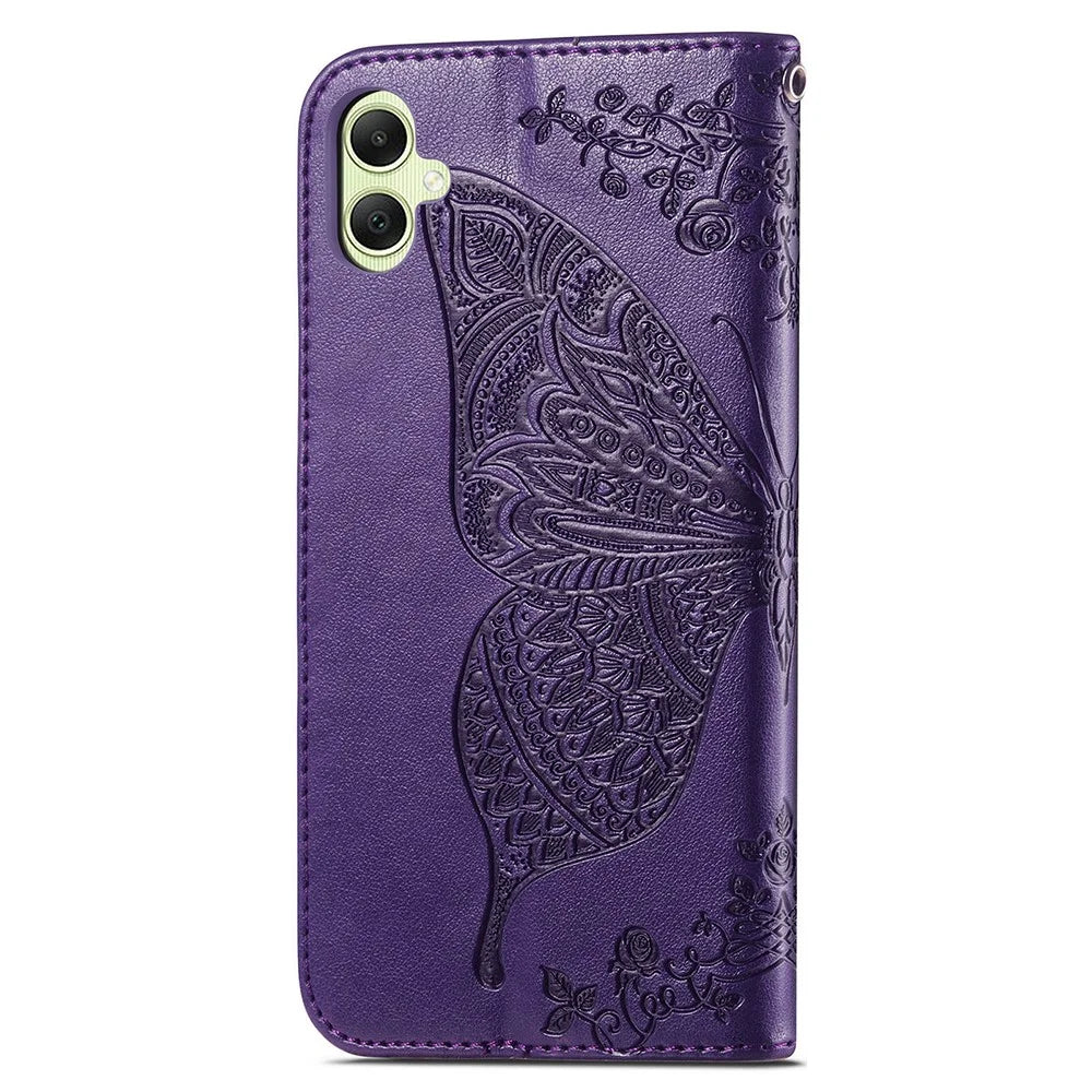 For Samsung Galaxy A05 4G Leather Case Butterfly Pattern Phone Cover Wallet Stand - Dark Purple - 5