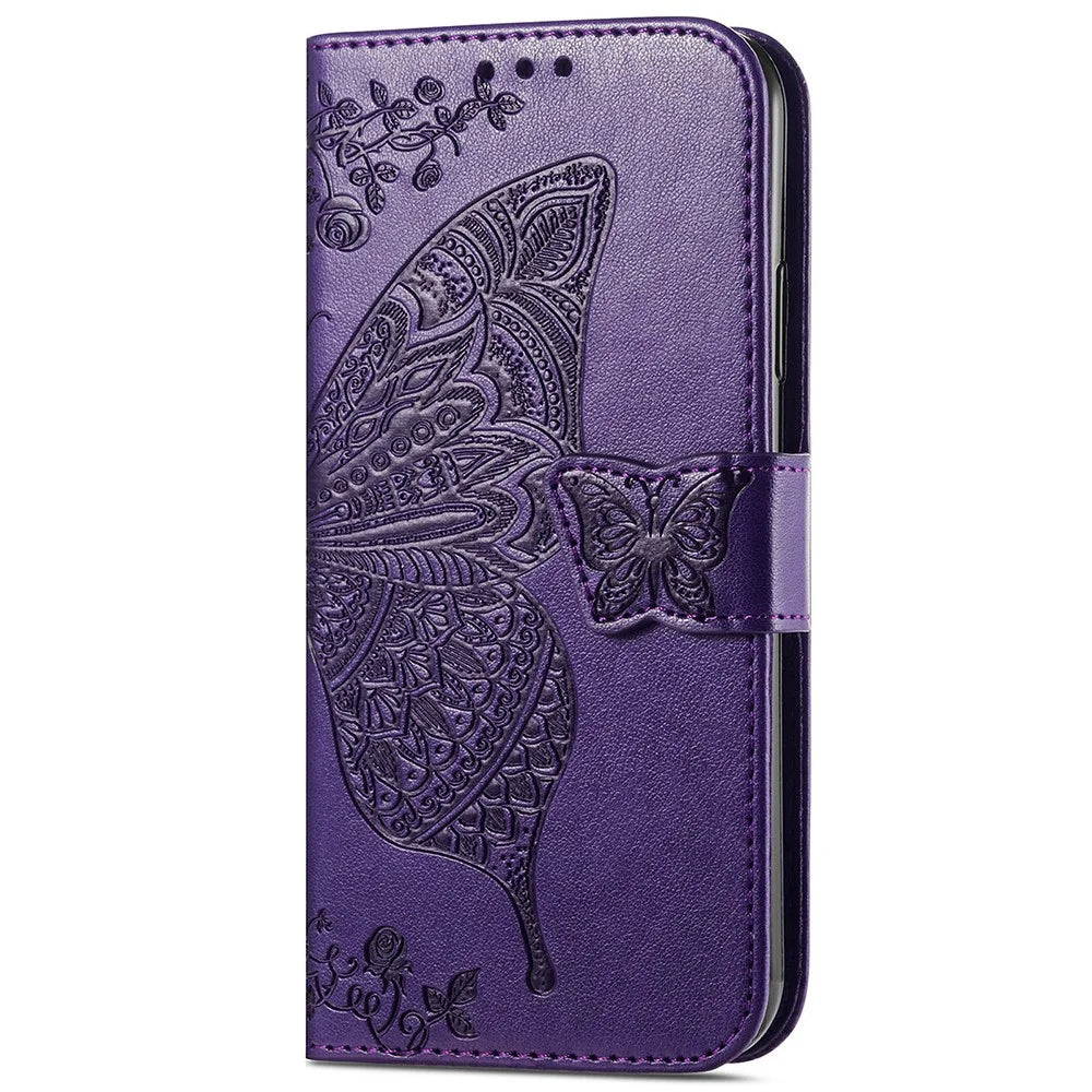 For Samsung Galaxy A05 4G Leather Case Butterfly Pattern Phone Cover Wallet Stand - Dark Purple - 6