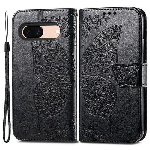 For Google Pixel 8a Phone Case Butterfly Pattern Imprinted PU Leather Flip Cover - Black - 1