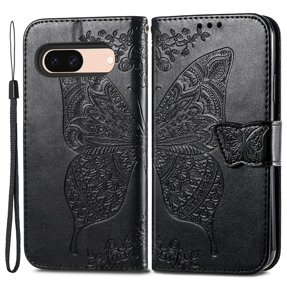 For Google Pixel 8a Phone Case Butterfly Pattern Imprinted PU Leather Flip Cover - Black - 1