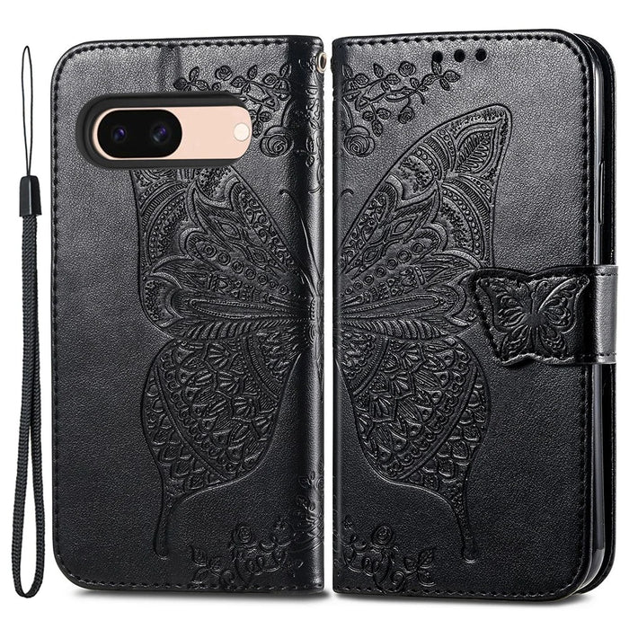 For Google Pixel 8a Phone Case Butterfly Pattern Imprinted PU Leather Flip Cover - Black - 1