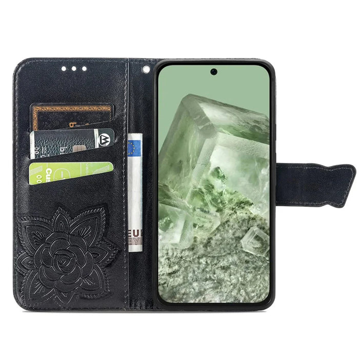 For Google Pixel 8a Phone Case Butterfly Pattern Imprinted PU Leather Flip Cover - Black - 2