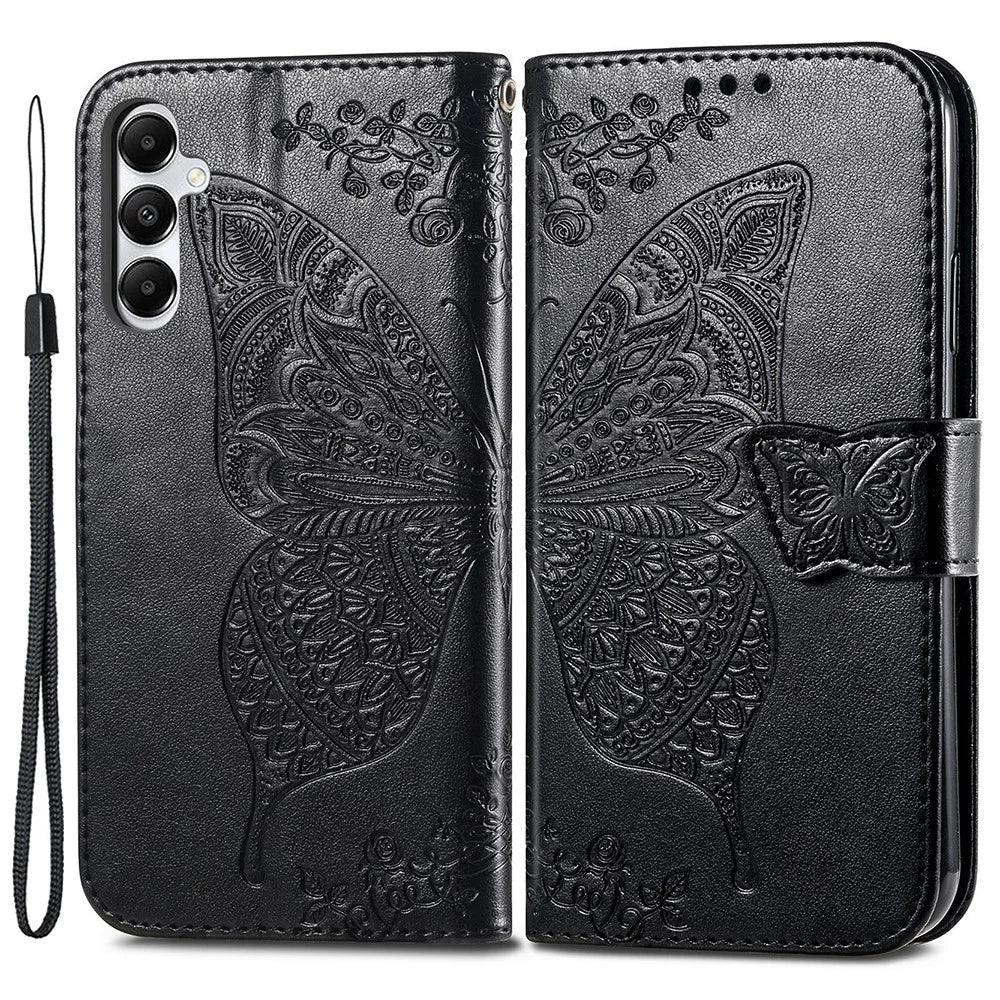 For Samsung Galaxy A05s 4G PU Leather Case Stand Function Butterfly Flower Pattern Cover Wallet - Black - 1