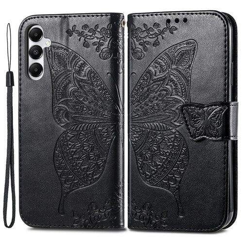 For Samsung Galaxy A05s 4G PU Leather Case Stand Function Butterfly Flower Pattern Cover Wallet - Black - 1