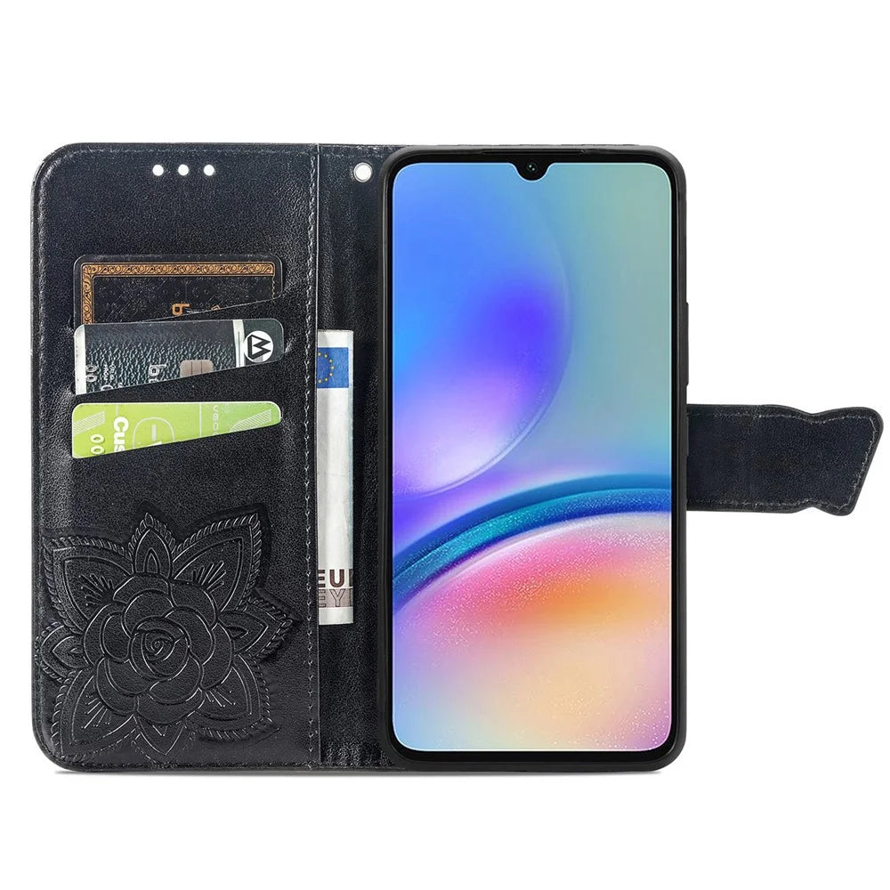 For Samsung Galaxy A05s 4G PU Leather Case Stand Function Butterfly Flower Pattern Cover Wallet - Black - 2