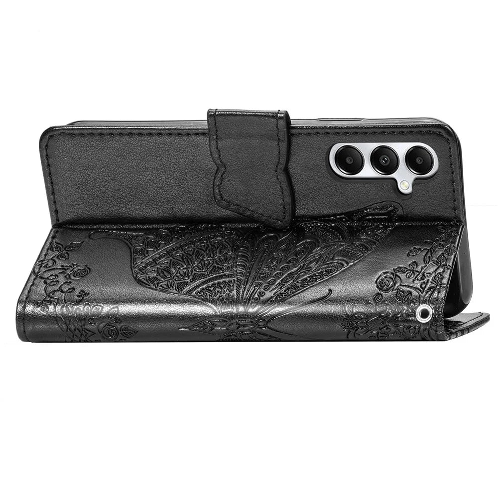 For Samsung Galaxy A05s 4G PU Leather Case Stand Function Butterfly Flower Pattern Cover Wallet - Black - 4