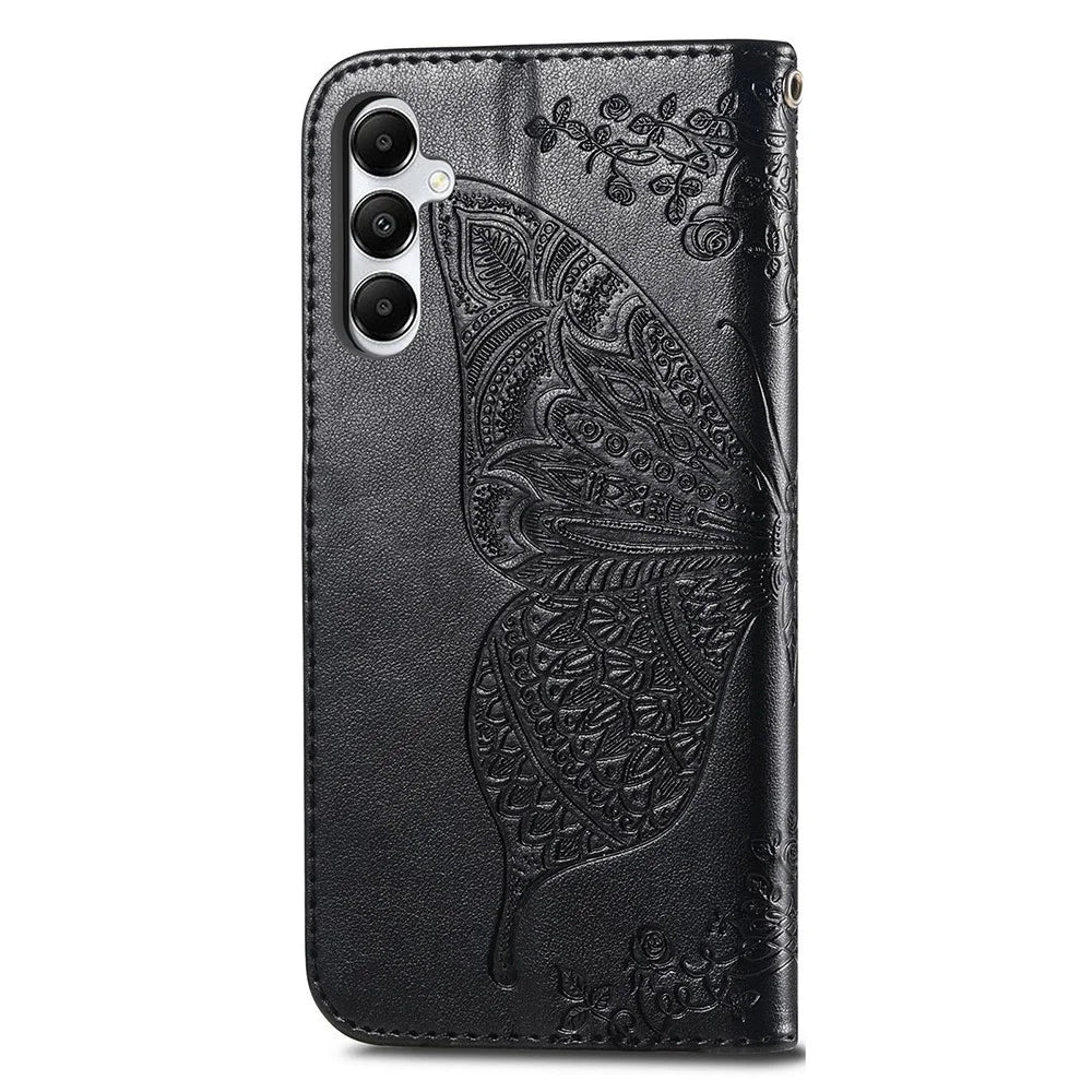 For Samsung Galaxy A05s 4G PU Leather Case Stand Function Butterfly Flower Pattern Cover Wallet - Black - 5