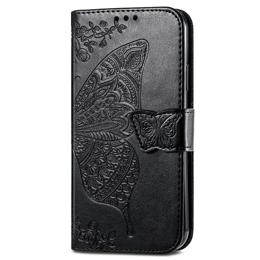 For Samsung Galaxy A05s 4G PU Leather Case Stand Function Butterfly Flower Pattern Cover Wallet - Black - 6