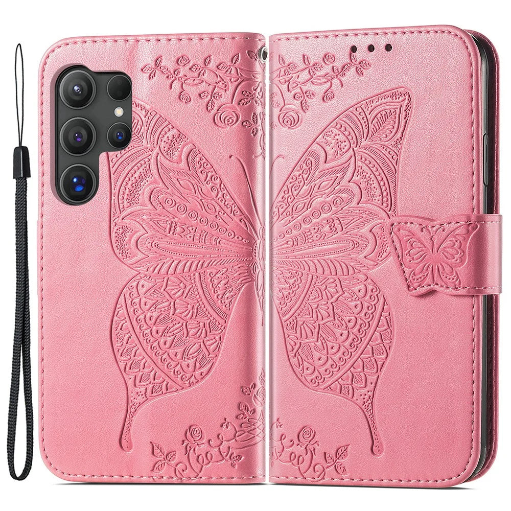 For Samsung Galaxy S24 Ultra Flip Folio Cover with Butterfly Pattern Leather Stand Phone Case - Pink - 1