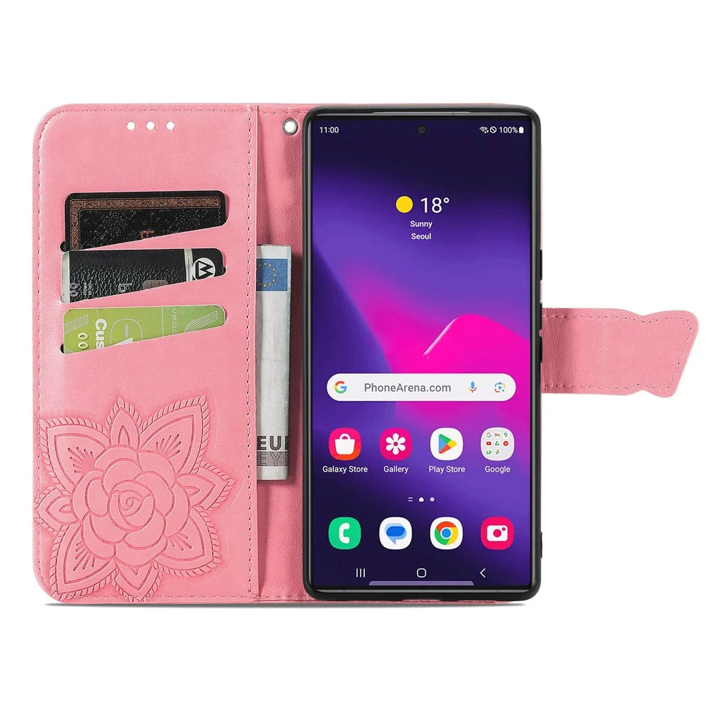 For Samsung Galaxy S24 Ultra Flip Folio Cover with Butterfly Pattern Leather Stand Phone Case - Pink - 2