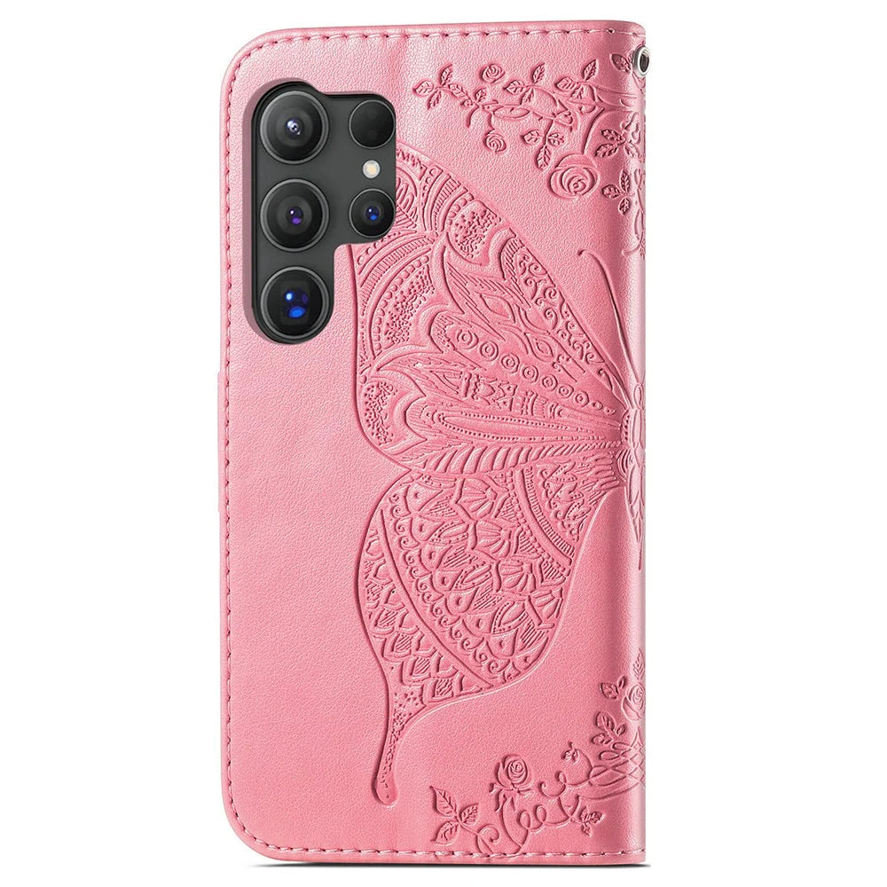 For Samsung Galaxy S24 Ultra Flip Folio Cover with Butterfly Pattern Leather Stand Phone Case - Pink - 4