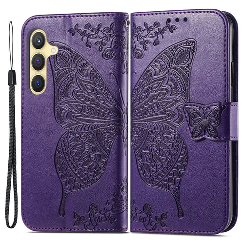Wallet Case for Samsung Galaxy S24+ Butterfly Imprinted Leather Folio Phone Cover Stand - Dark Purple - 1