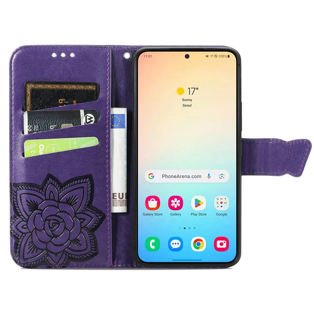 Wallet Case for Samsung Galaxy S24+ Butterfly Imprinted Leather Folio Phone Cover Stand - Dark Purple - 2
